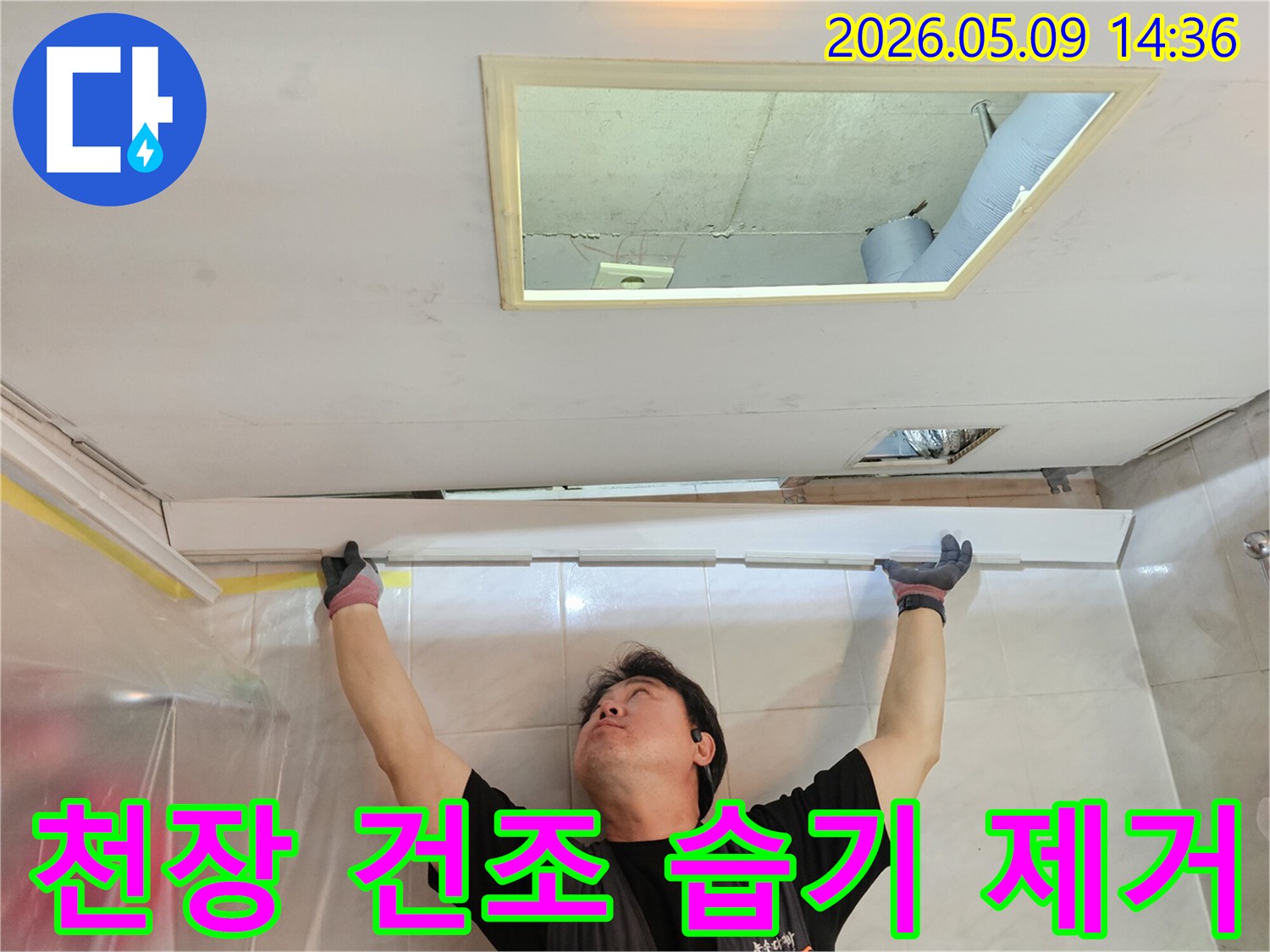 전문-기술자가-천장-누수-후-건조와-습기-제거-작업을-하는-모습