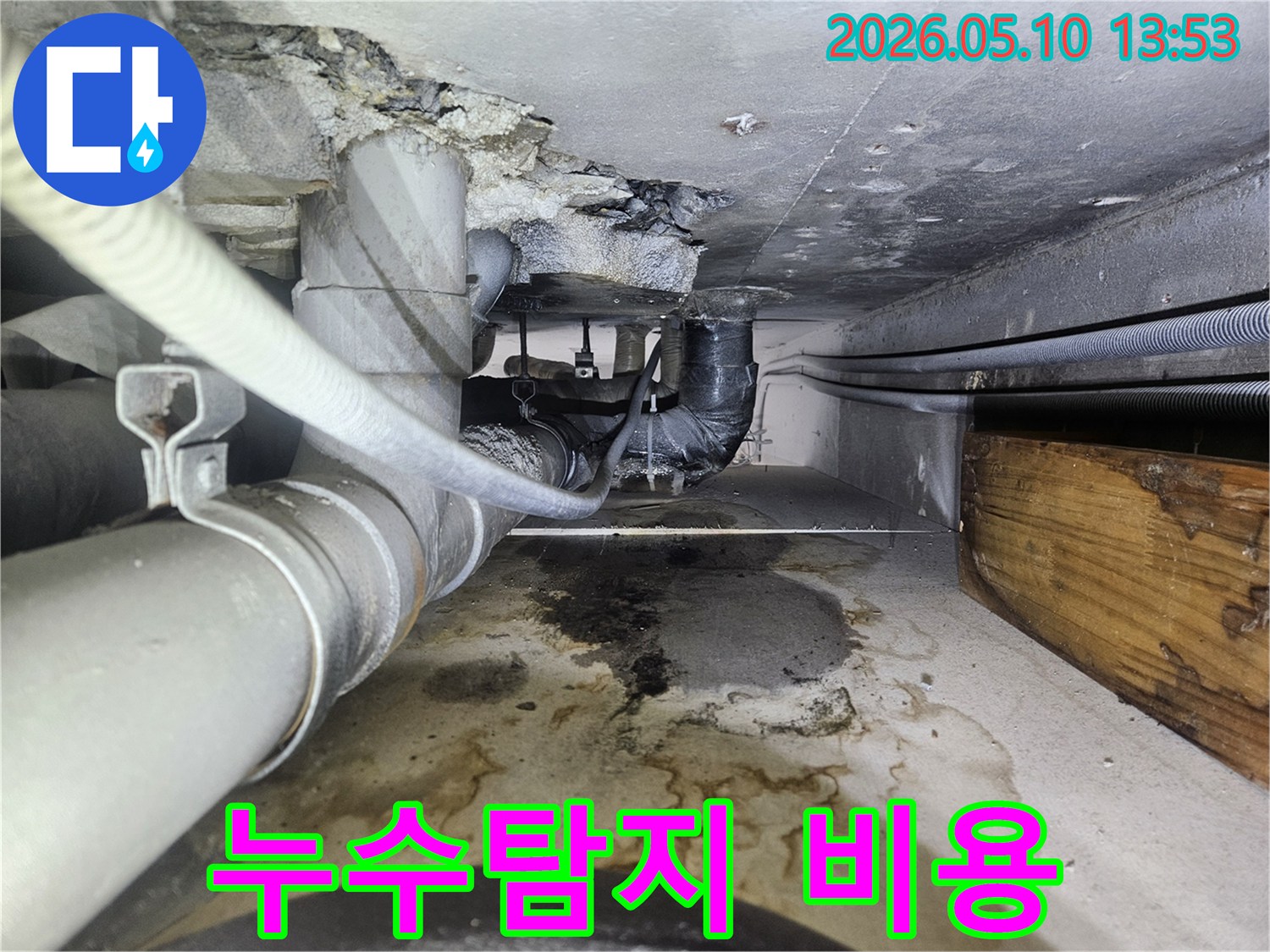 천장 배관 누수로-바닥에 물이 고인 현장에서-투명한 견적으로-누수탐지 비용을 안내하는 모습