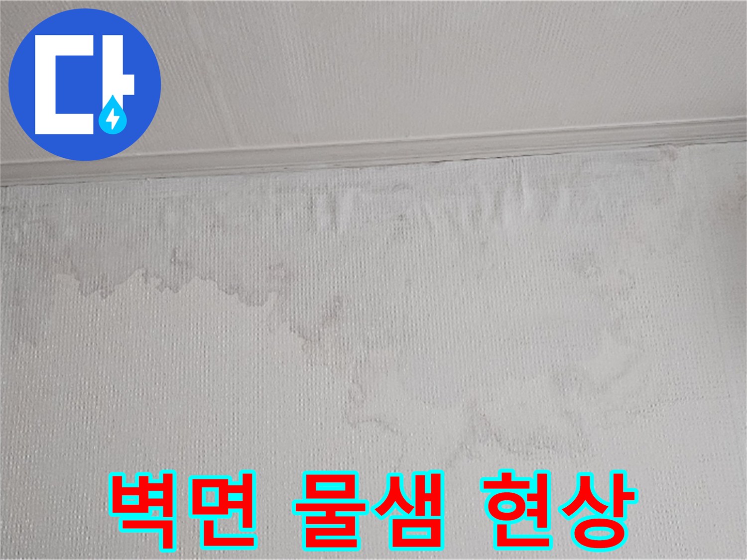 벽면에 넓게 퍼진 물자국은 누수가 진행되고 있음을 명확히 보여줍니다-전문적인 진단으로 해결해야 합니다