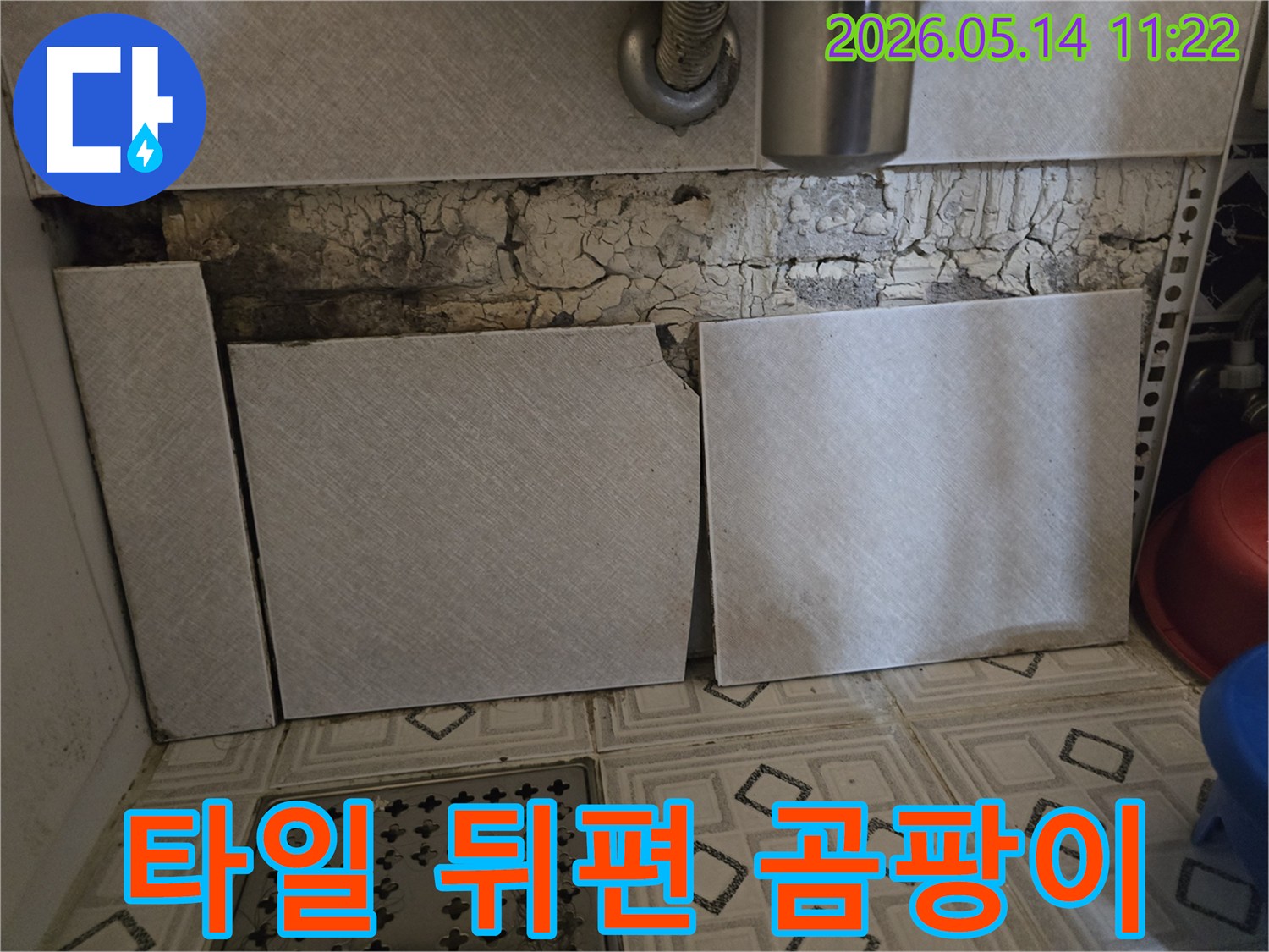 화장실 벽면 타일 제거 후-누수로 인해 발생한 심각한 곰팡이와 벽체 손상
