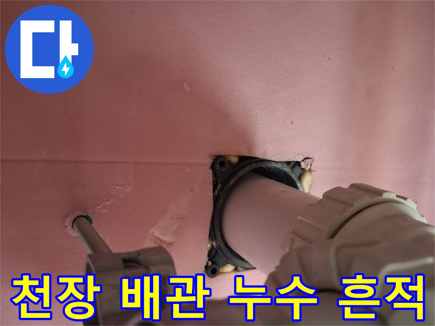 하수도 파이프 연결부 주변의 습기와 물자국을 보여주는 상세 사진입니다.