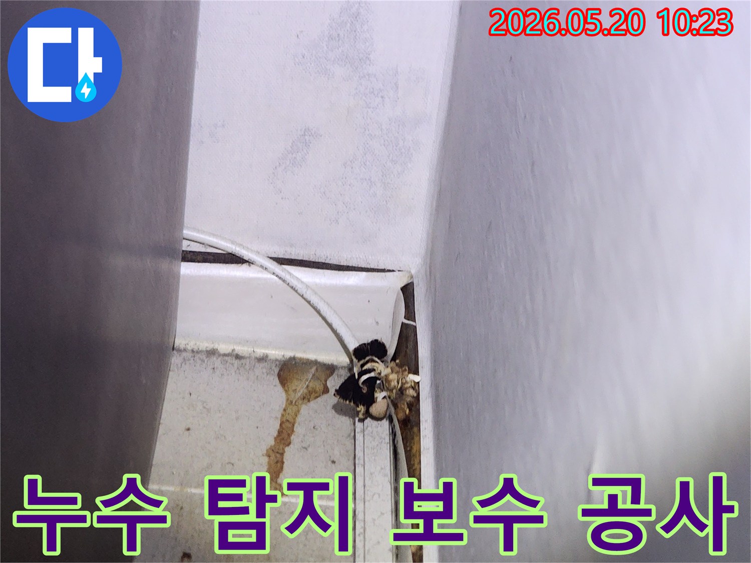 천장-누수로-인해-벽면에-생긴-곰팡이와-물자국을-확인하고-누수-탐지-후-보수-공사를-계획하는-현장-사진입니다