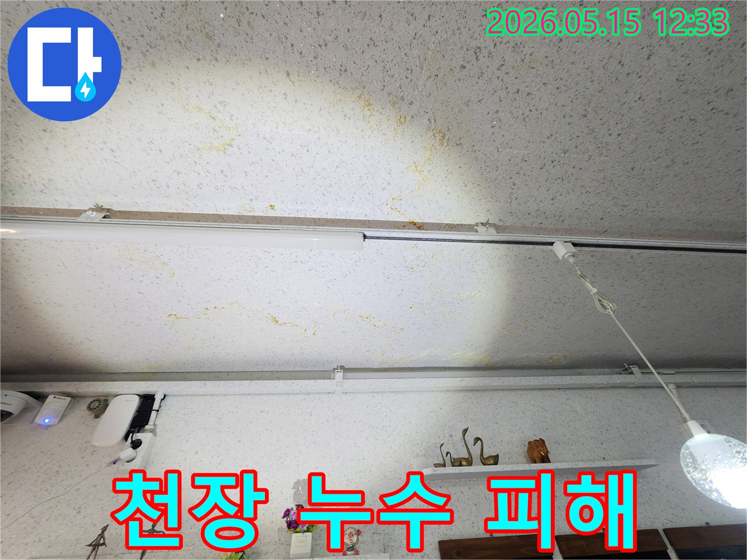 생활-공간-천장에-나타난-물샘-흔적을-전문가가-점검하는-사진입니다.