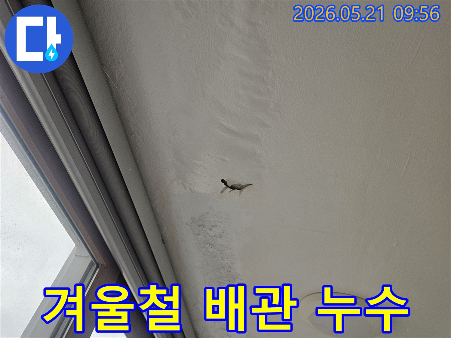겨울철 동파로 인해 배관이 파열되어-천장에서 물이 새는 현장을 보여주는 사진입니다.