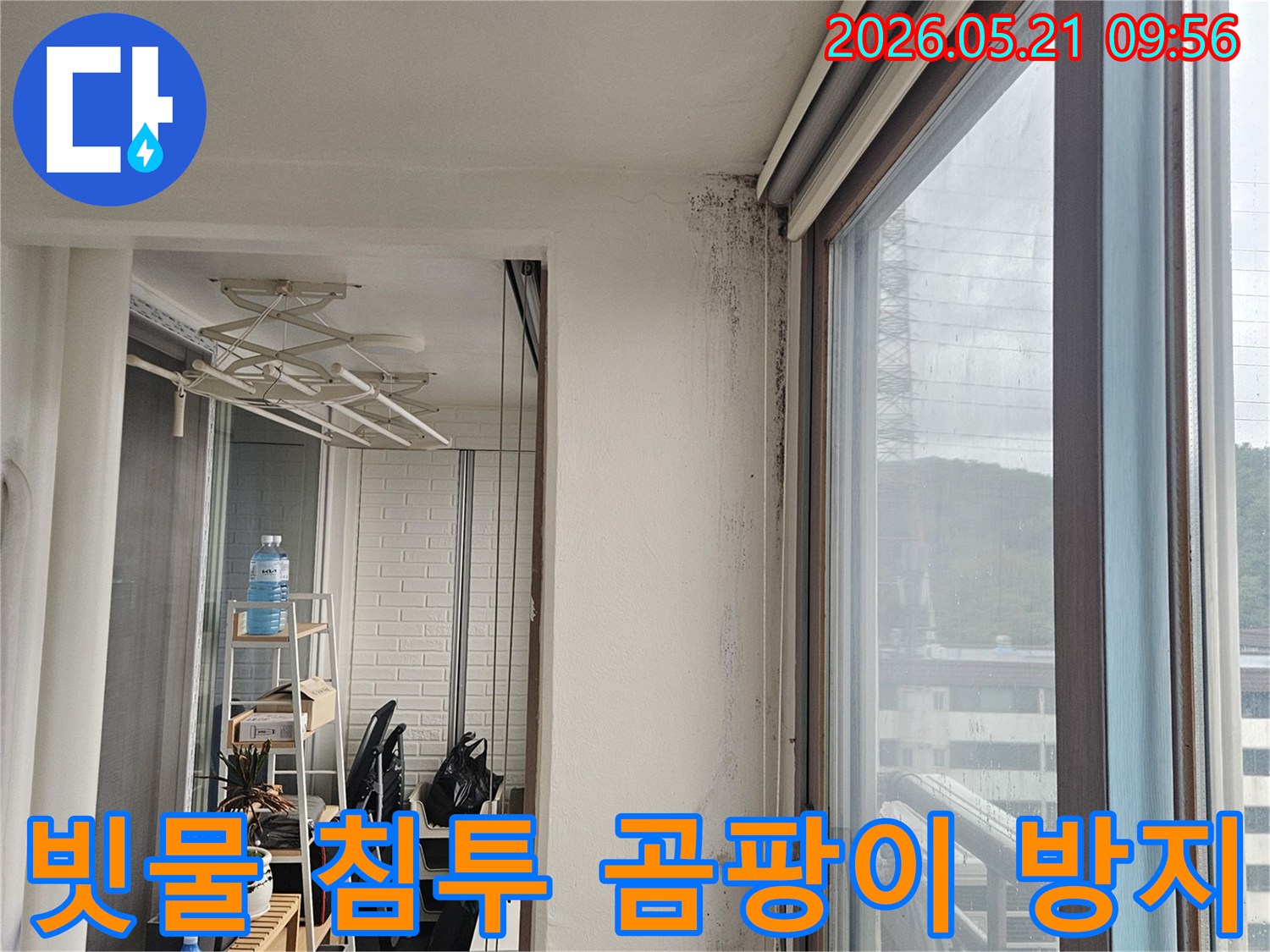 창문 모서리 벽면에 빗물 침투로 인한 검은 곰팡이와 물-얼룩이 보이는 사진으로-곰팡이 방지 조치가 시급합니다.