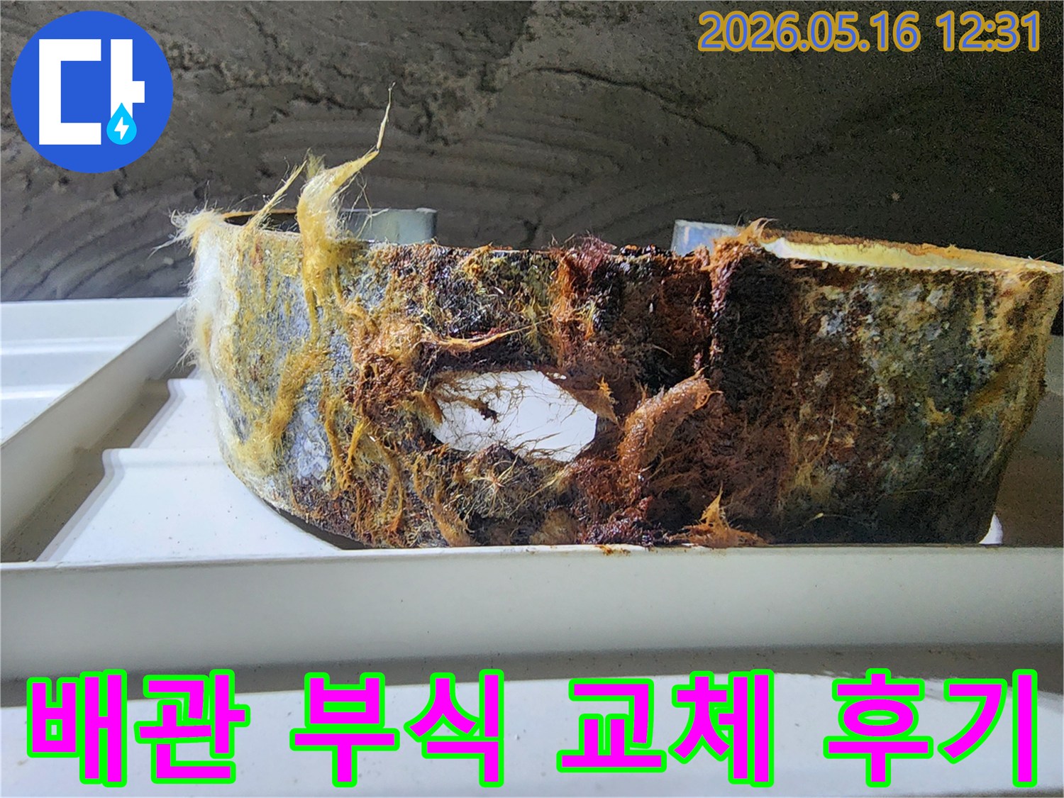 심각하게 부식되어 누수를 유발하던 배관-전문가의 교체 공사 후 안전하게 복구되었습니다