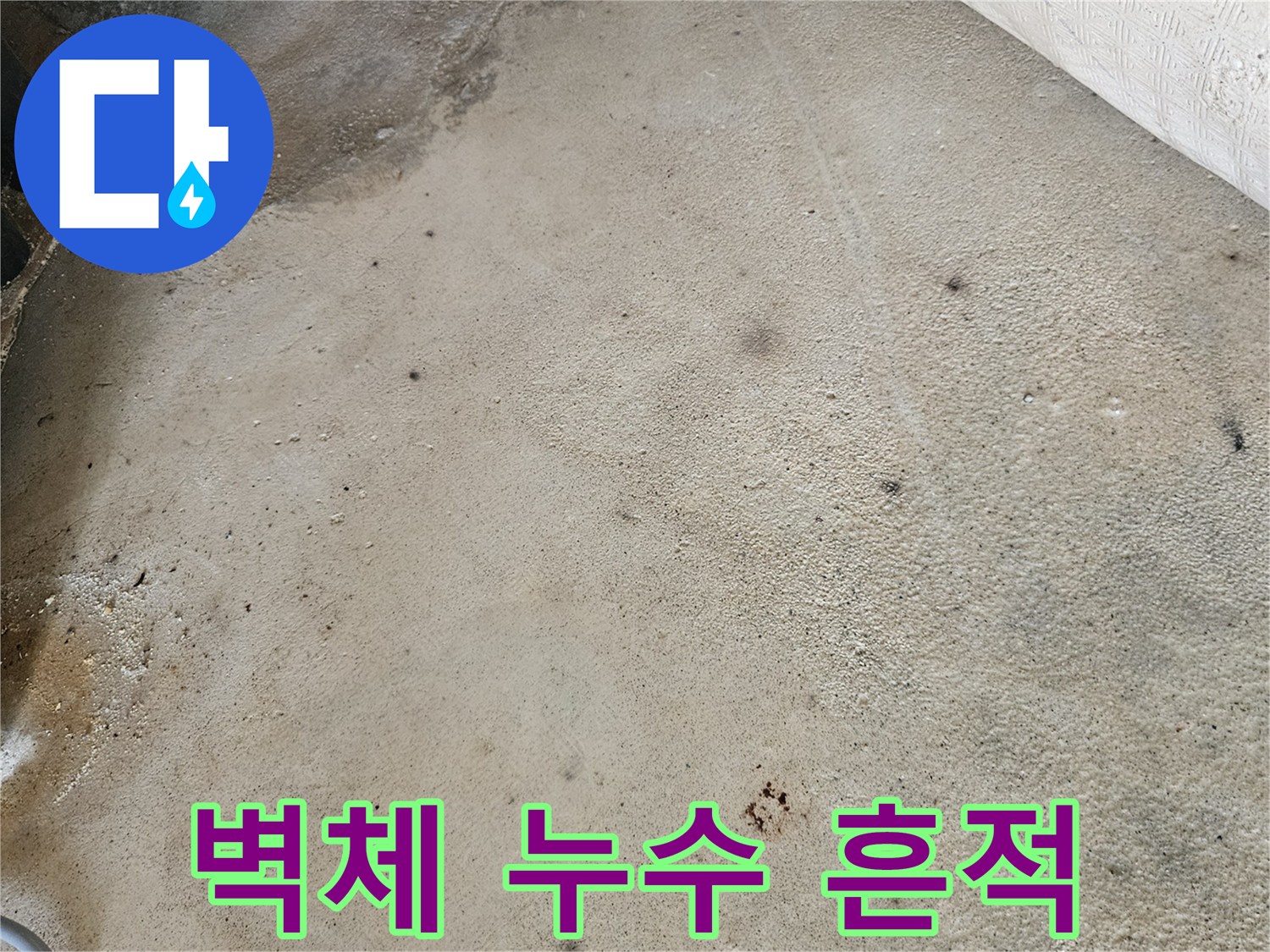 콘크리트 벽면에 발생한 어두운 물자국과 습기 흔적