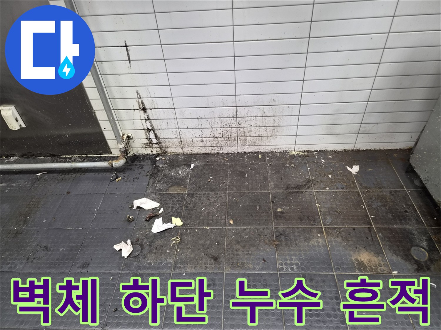 식당 주방 벽면 - 배관 주변 타일의 습기 및 검은 오염 부위