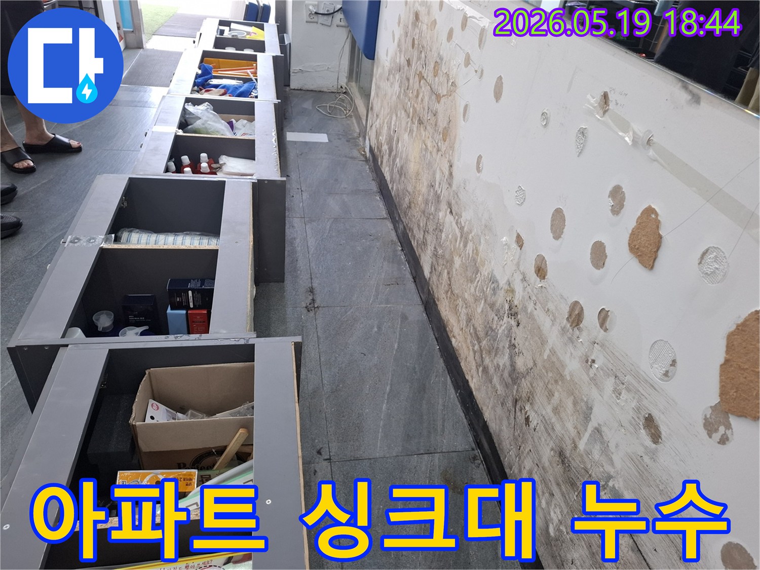 아파트 싱크대 벽면에 발생한 누수로-벽지가 젖고 곰팡이가 심하게 번식한 현장 모습