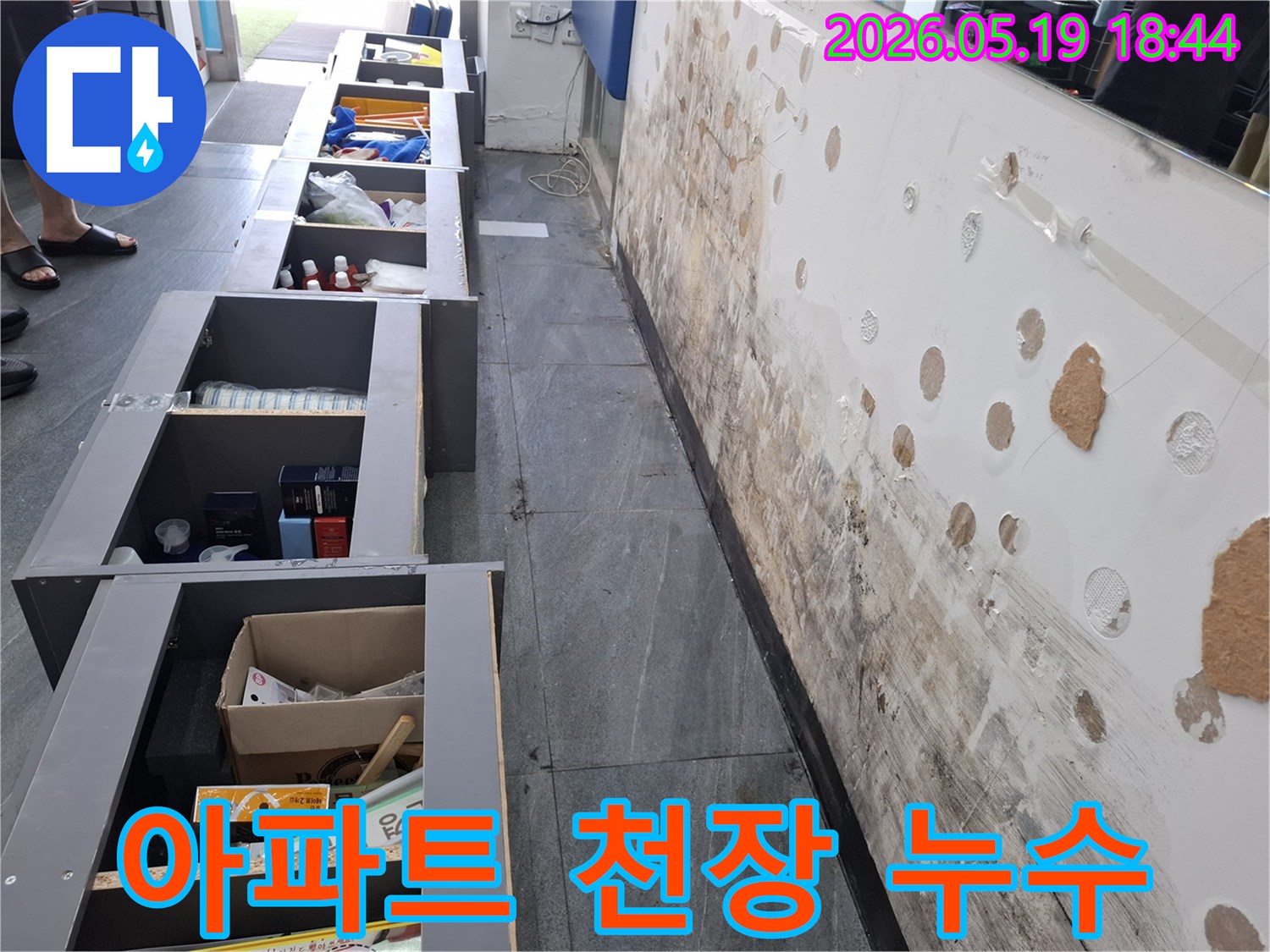 아파트 천장 누수로 인해 벽면에-곰팡이가 심하게 번식한 현장 모습