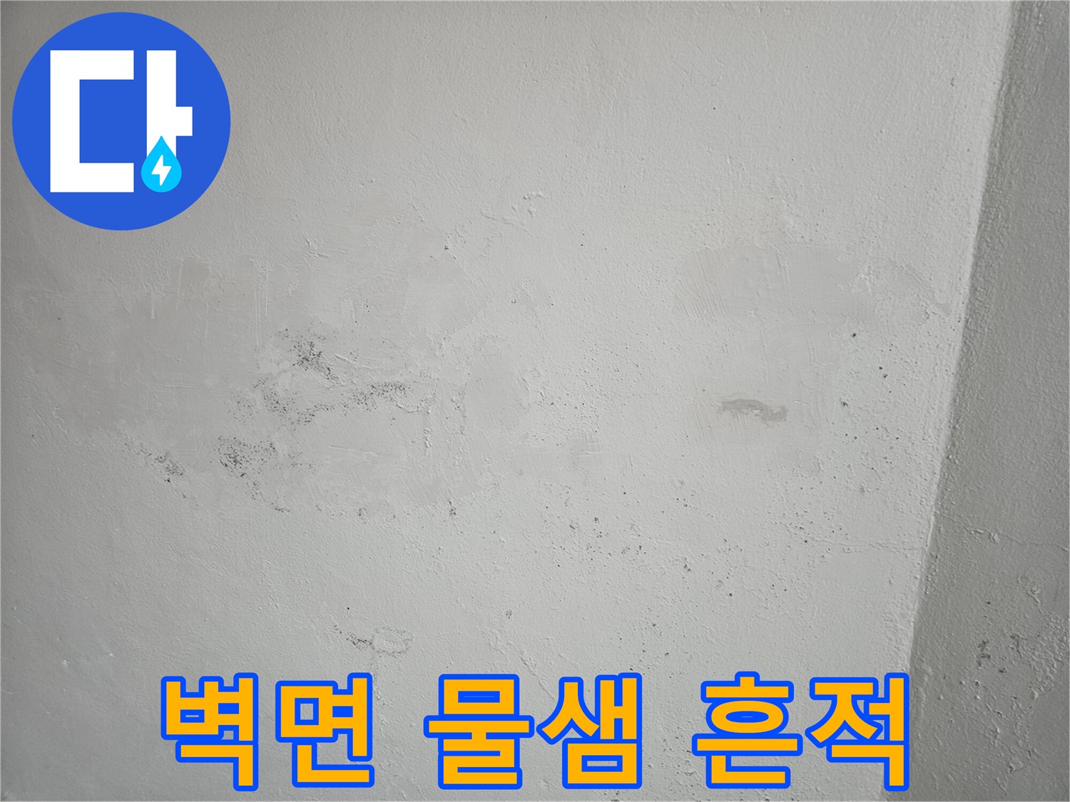 천장 벽면에 나타난 불규칙한 수분 얼룩을 촬영한 사진입니다.