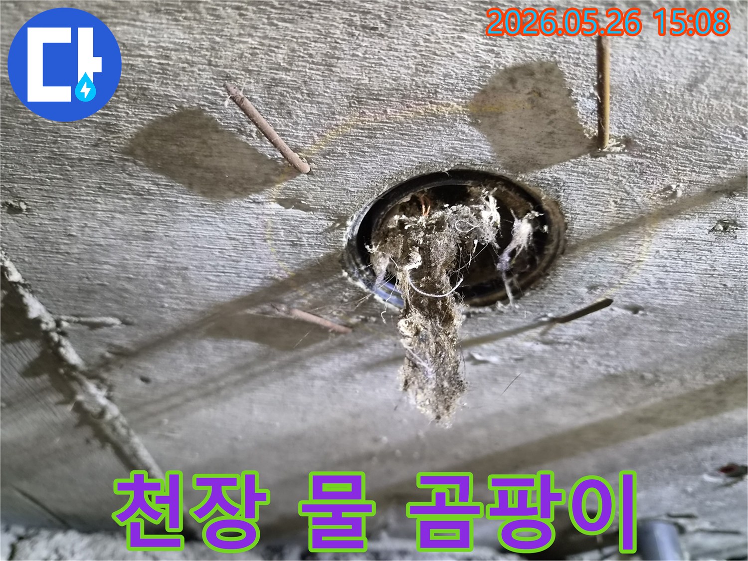 콘크리트 천장 구멍에서-오염된 물과-함께-곰팡이가-떨어지는-누수-현장의-상황을-보여주는-사진
