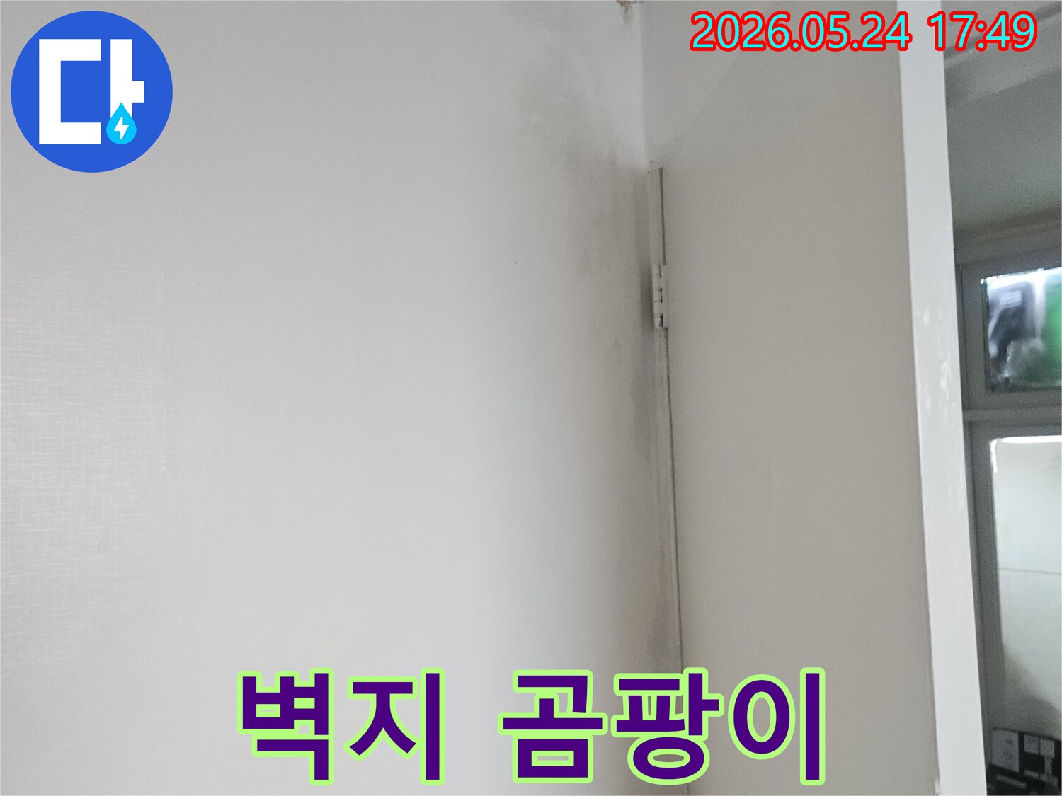 천장과 벽이 만나는 모서리 부분에-습기로 인한 곰팡이와 얼룩이 생긴 모습입니다
