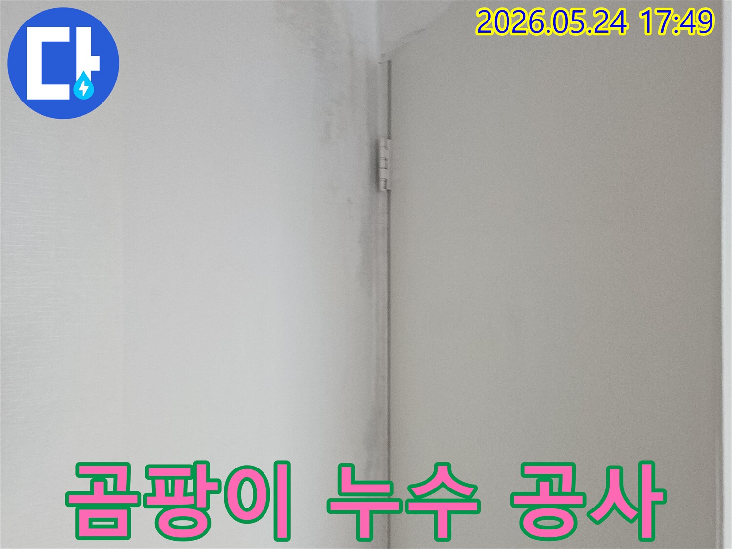 천장과 벽이 만나는 부분에 물기로 인해 생긴 곰팡이와 얼룩-누수 문제를 명확히 보여줍니다.