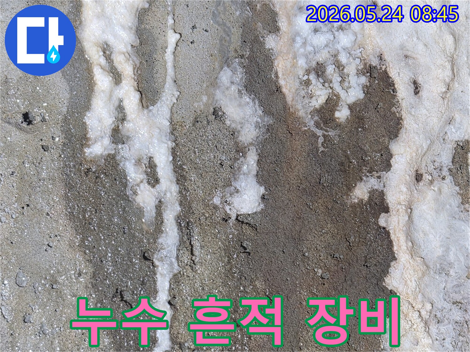 누수로 인해-콘크리트 벽면에-하얀 백화와 물자국이 생긴-현장을 탐지하기 위해-장비 활용이 필요한-벽면의 모습