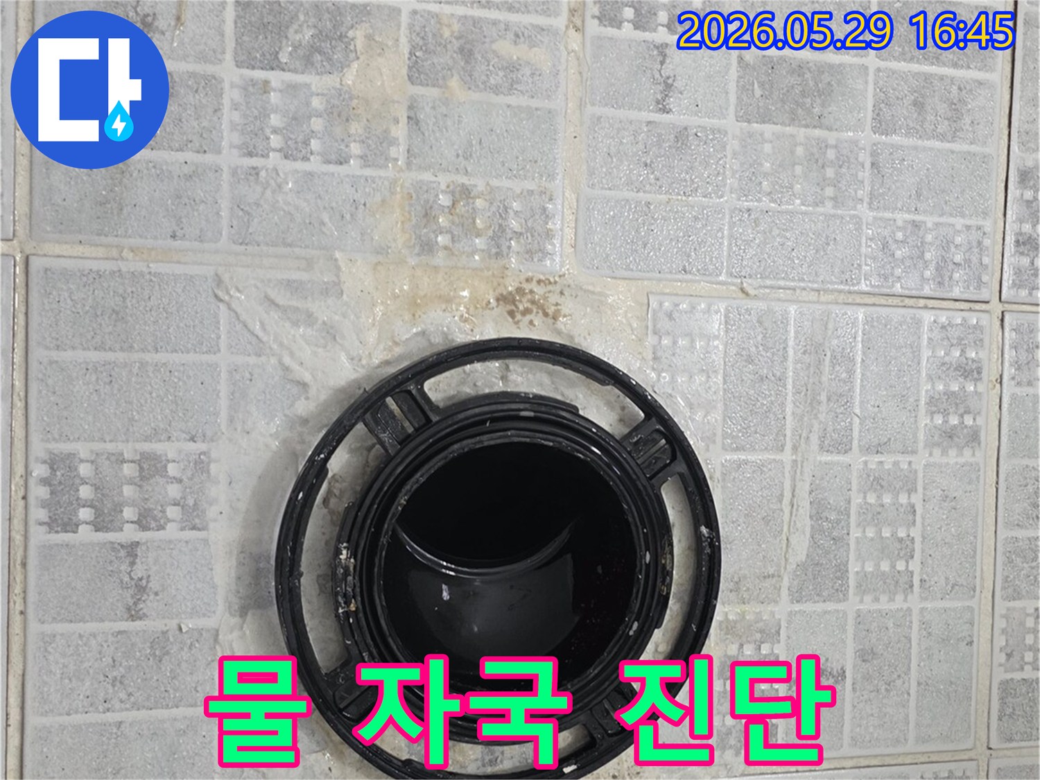 배수구 주변의 타일 줄눈이 손상되고 물이 스며든 흔적이 있는 현장 사진입니다-배관 문제로 인한 누수 가능성을 시사합니다