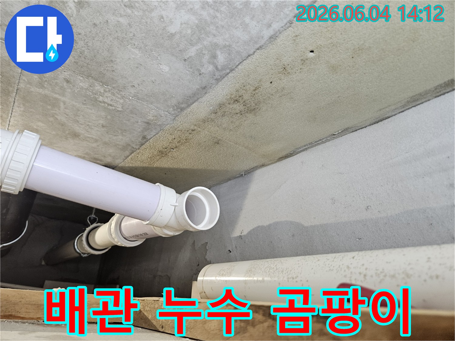 콘크리트 천장 아래로 지나가는 PVC 배관 주변에-누수로 인해 발생한 검은 곰팡이와-물 얼룩이 보이는 현장 이미지