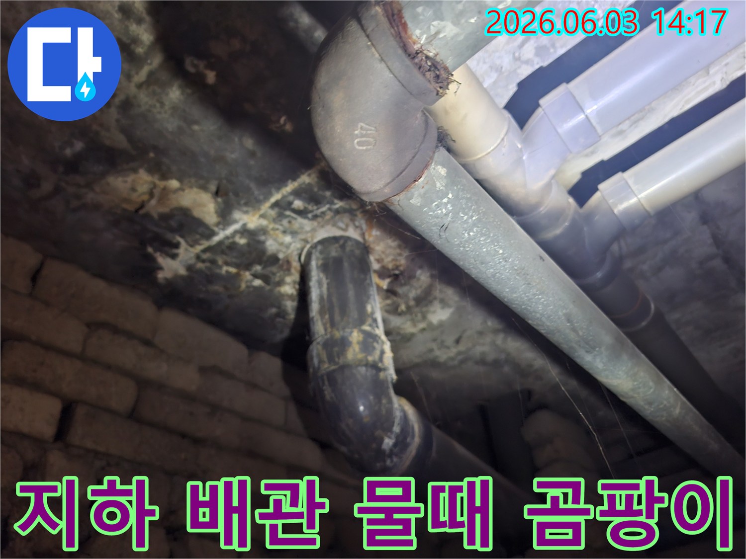 아파트 지하 배관 주변에 형성된-물때와 곰팡이를 통해-장기간 진행된 누수 문제를 확인하는 모습
