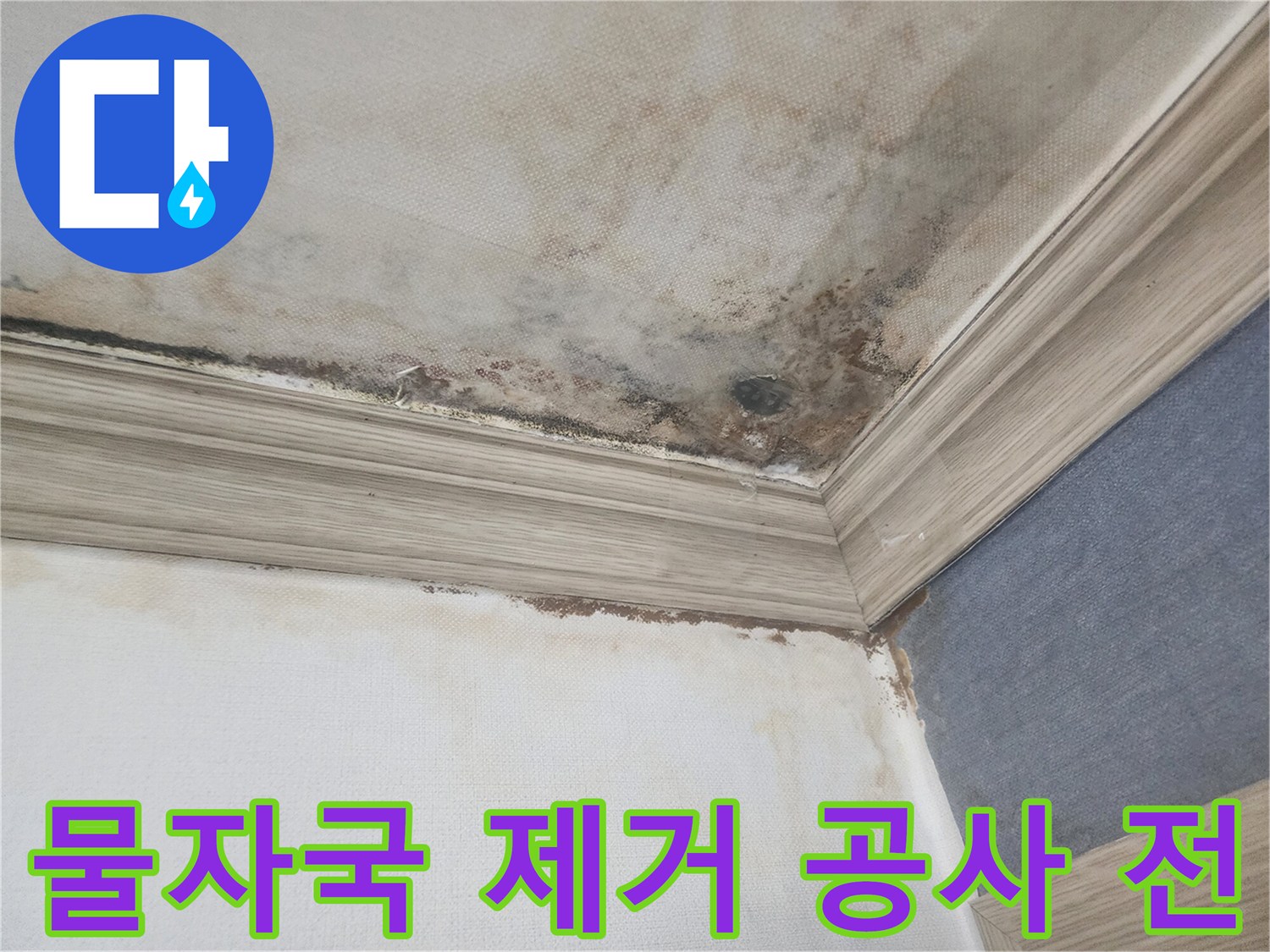 평택 아파트 천장의 물자국과-곰팡이를 제거하고-누수 공사 전 처리를 통해-깨끗한 복구를 준비하는 모습입니다.