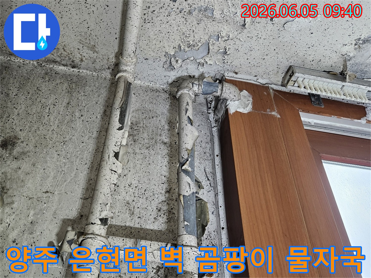 양주 은현면의 벽면에 발생한 곰팡이와-배관 주변의 물자국이 보이는-누수 현장 이미지입니다.