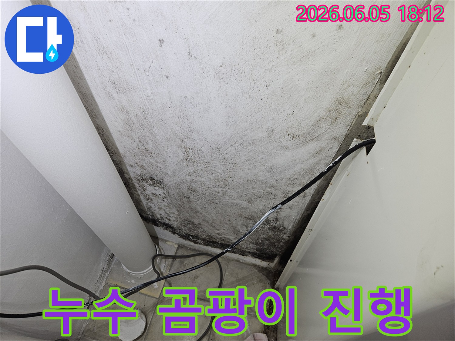 장기간-방치된-누수로-인해-벽면-재질이-손상되고-곰팡이가-생성된-상황