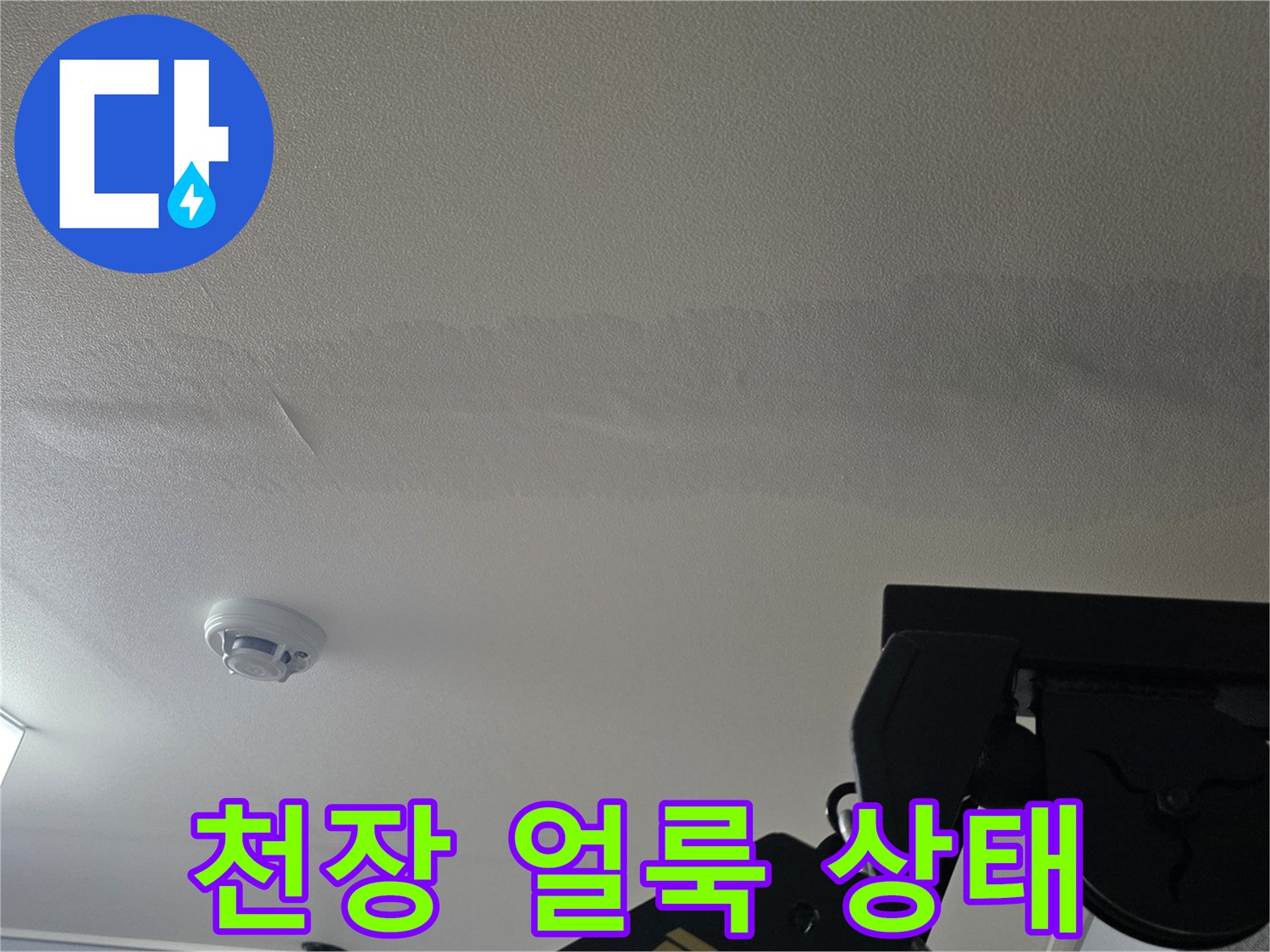 일산서구 아파트 거실 천장의 넓은 누수 얼룩과 벽지 변색 모습