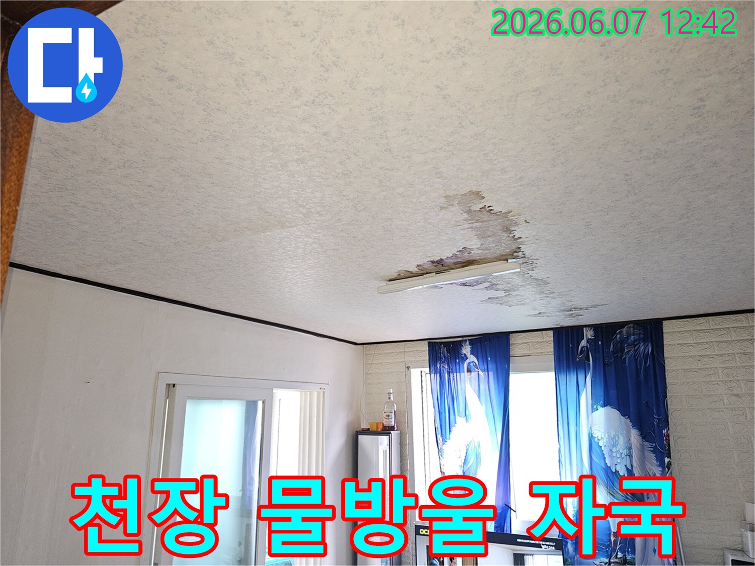 이-사진은-천장-누수로-인해-벽지가-변색되고-손상된-모습을-담고-있으며-누수-엔지니어가-누수-원인을-파악하고-해결하기-위해-방문했습니다