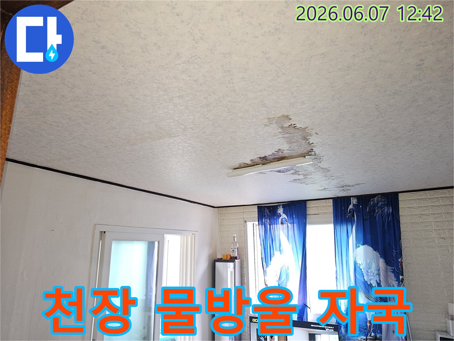 이-사진은-천장-누수로-인해-벽지가-변색되고-손상된-모습을-담고-있으며-누수-엔지니어가-누수-원인을-파악하고-해결하기-위해-방문했습니다
