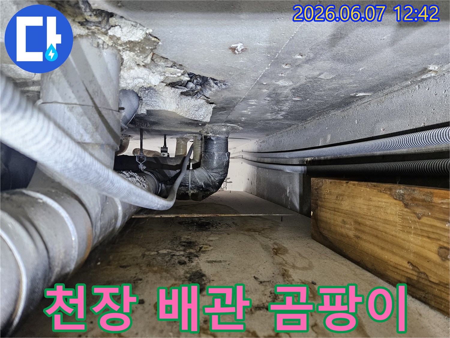 천장 배관 주변에 곰팡이와 부식이 심한-누수 피해 현장을 보여주는 이미지