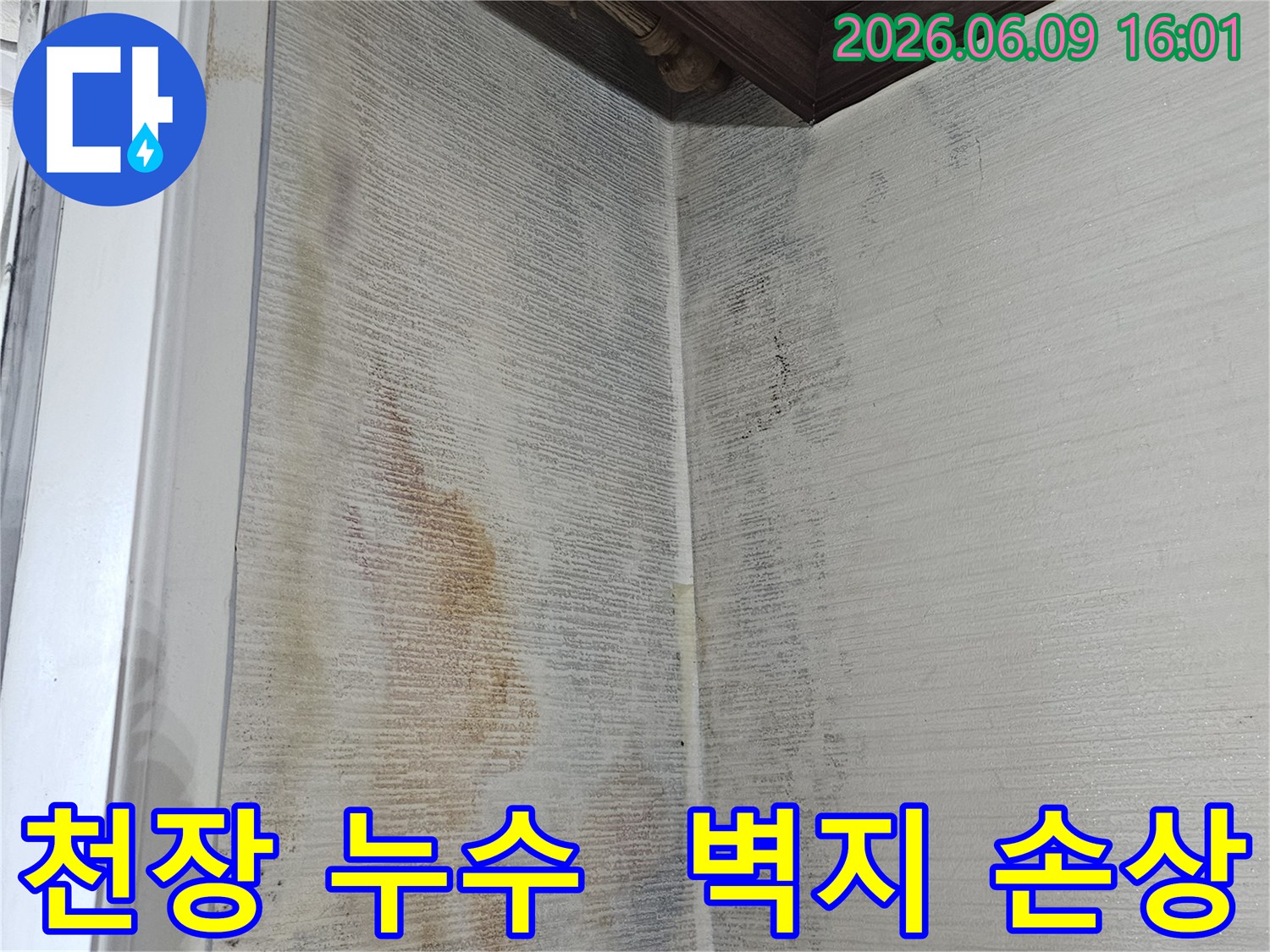 천장 벽지가-물에 젖어-손상되고-얼룩이 심하게-생긴-누수 현장입니다
