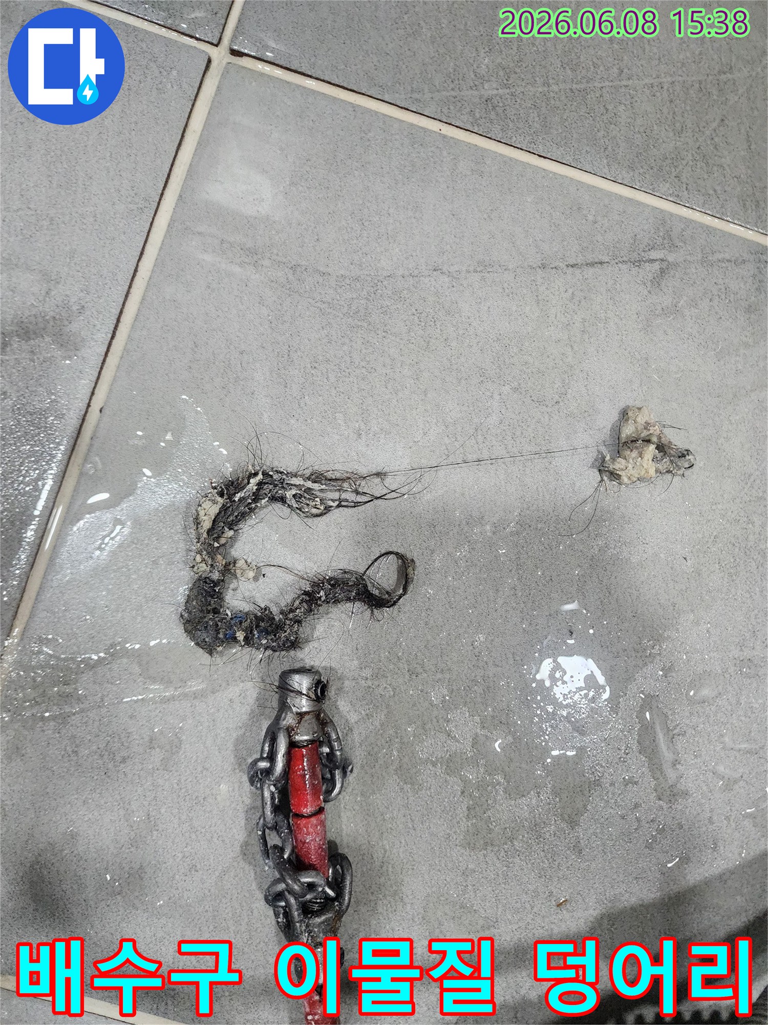 화장실 배수구에서 수거된 검은색 슬러지와 석회 이물질 덩어리
