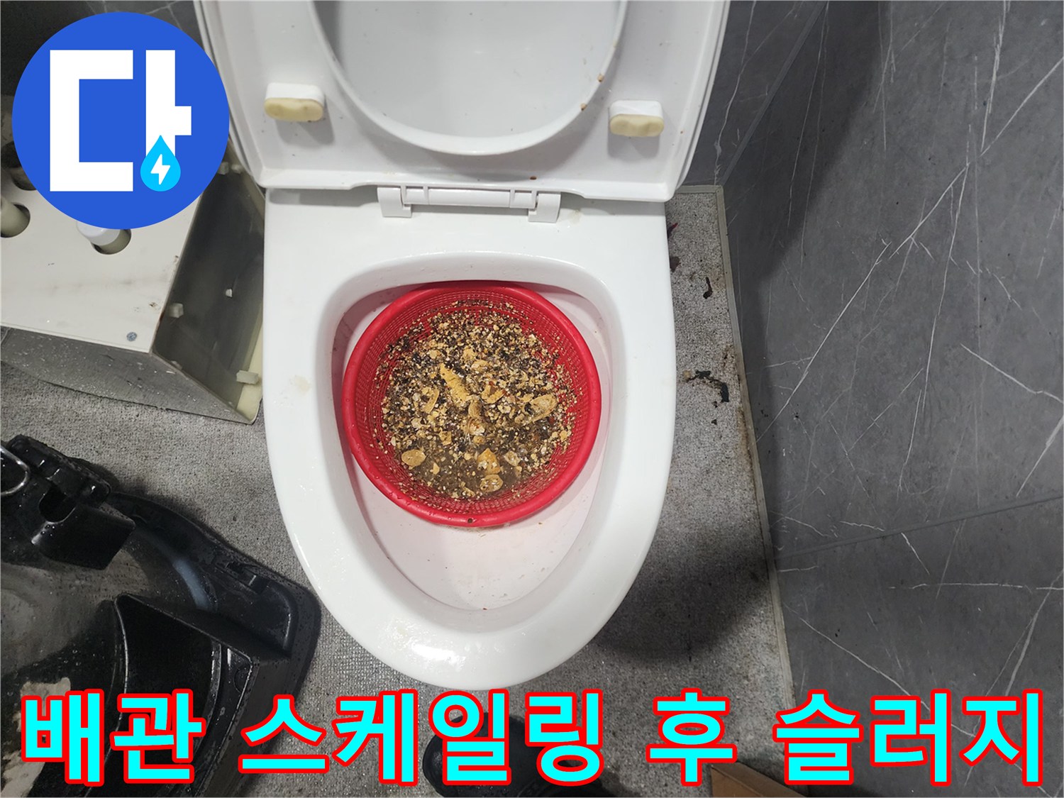 변기 거름망에 가득 찬 분쇄된 배관 찌꺼기들