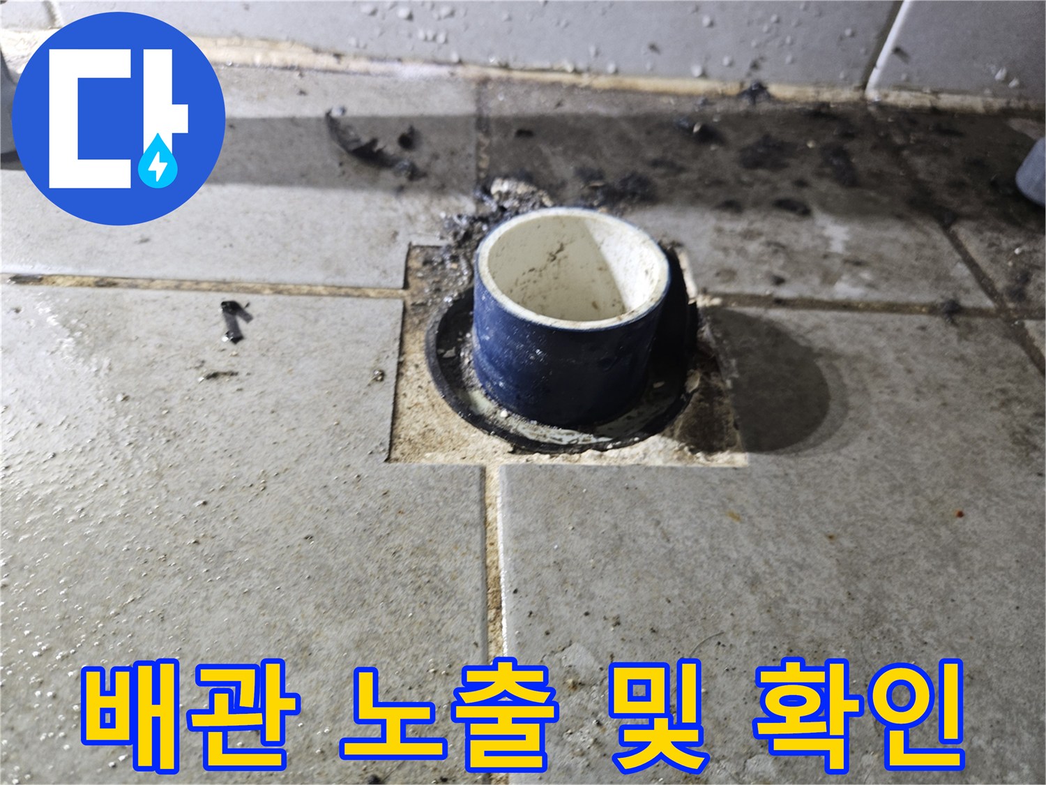 세탁실 타일 사이로 드러난 파란색 배관 부위