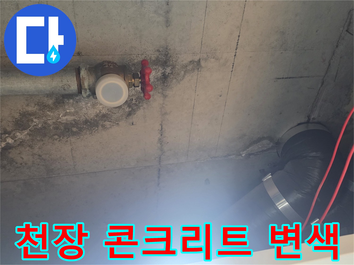 누수로 인한 천장 슬래브-콘크리트 젖음 및 오염 부위