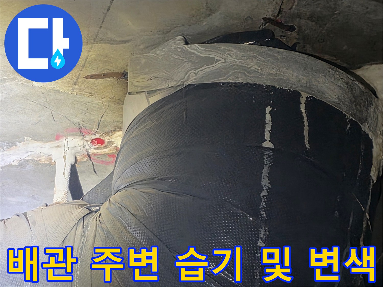 아파트 화장실 천장-습기로 인해 검게 변한 배관 주변 부위