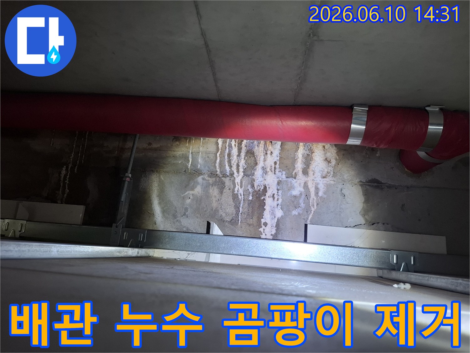 광명 빌라-천장 붉은 배관 주변에 생긴-물자국과 곰팡이를-제거하는 현장 이미지