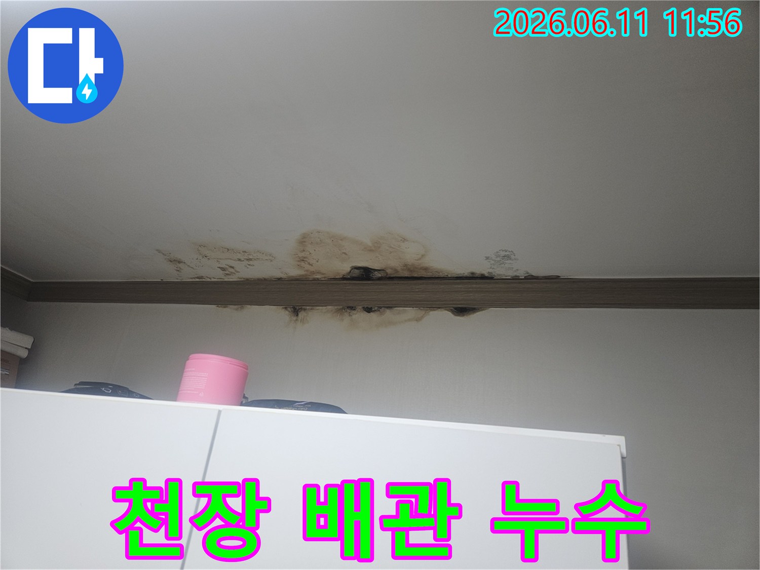 천장에서 물이 새어-마감재가 손상되고-검게 변색된-심각한 누수 현장