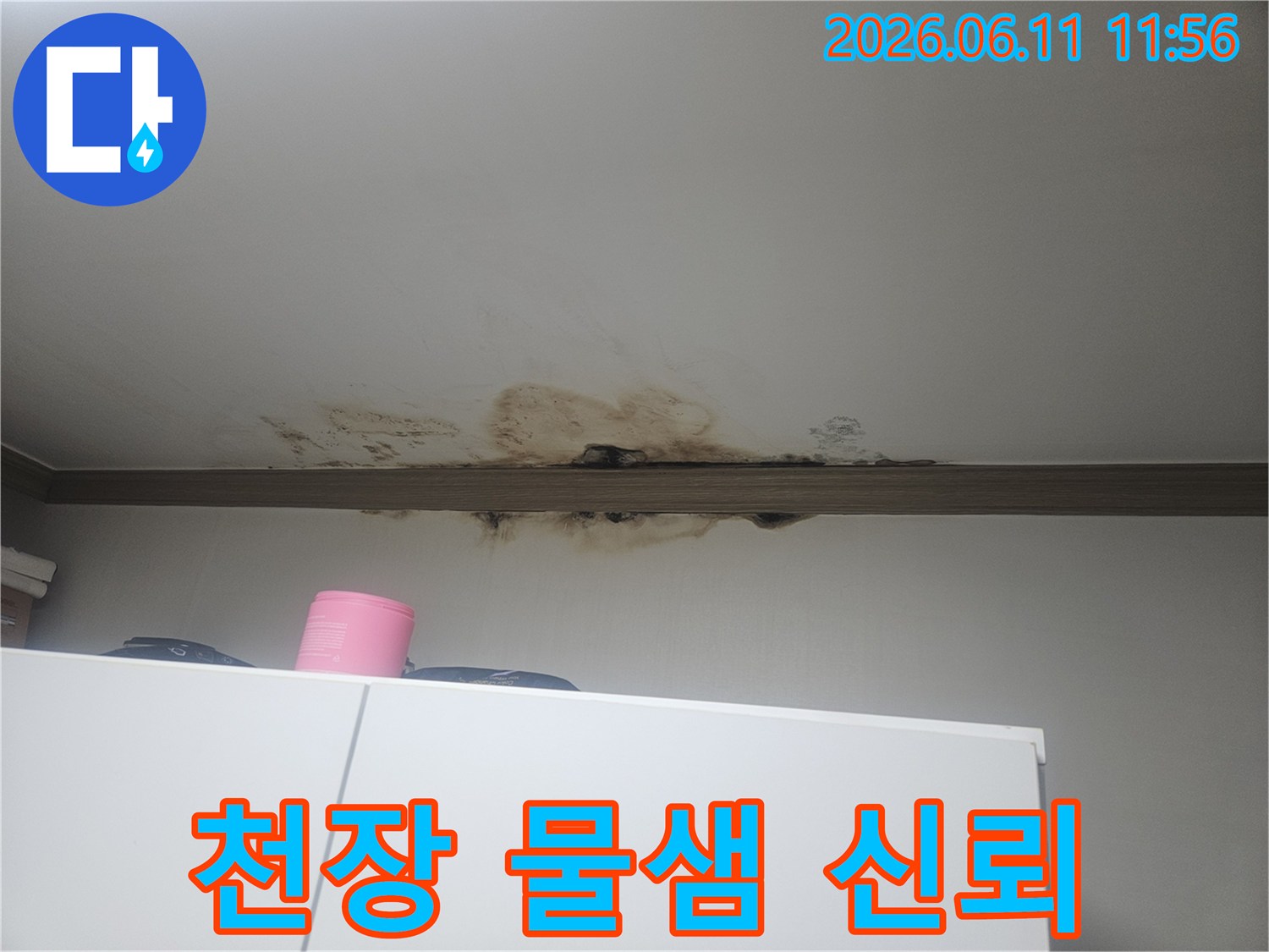 천장에서 물이 새어-마감재가 손상되고-검게 변색된-심각한 누수 현장