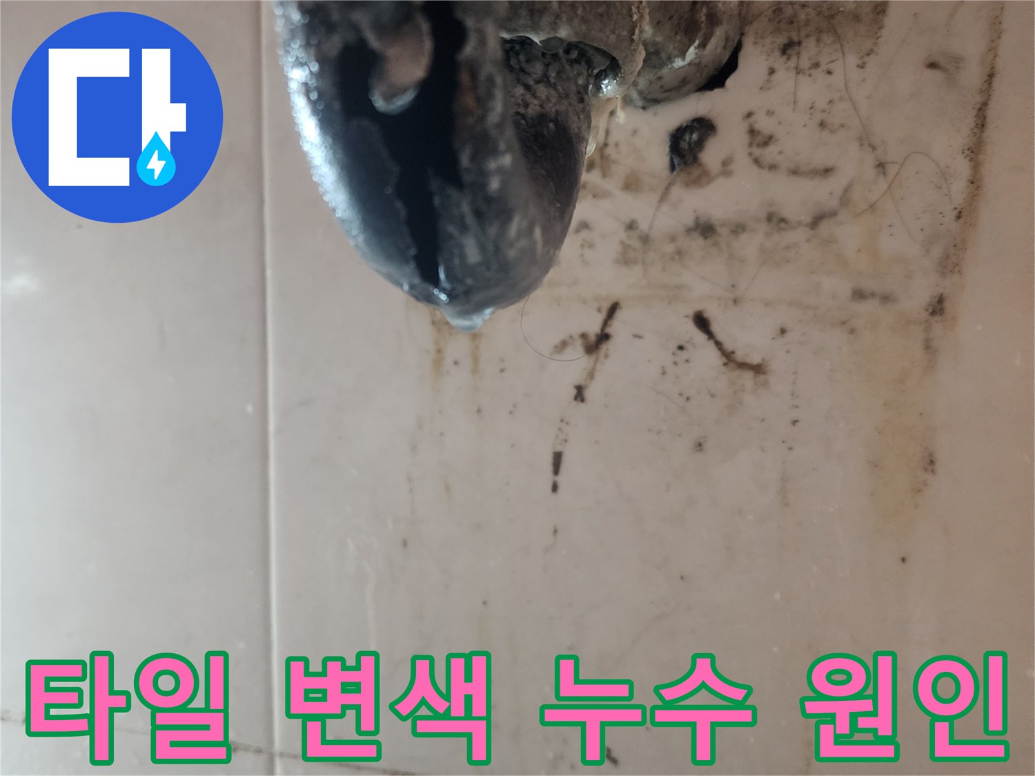 타일-변색과-곰팡이가-심하게-발생한-누수-현장을-보여주는-사진입니다