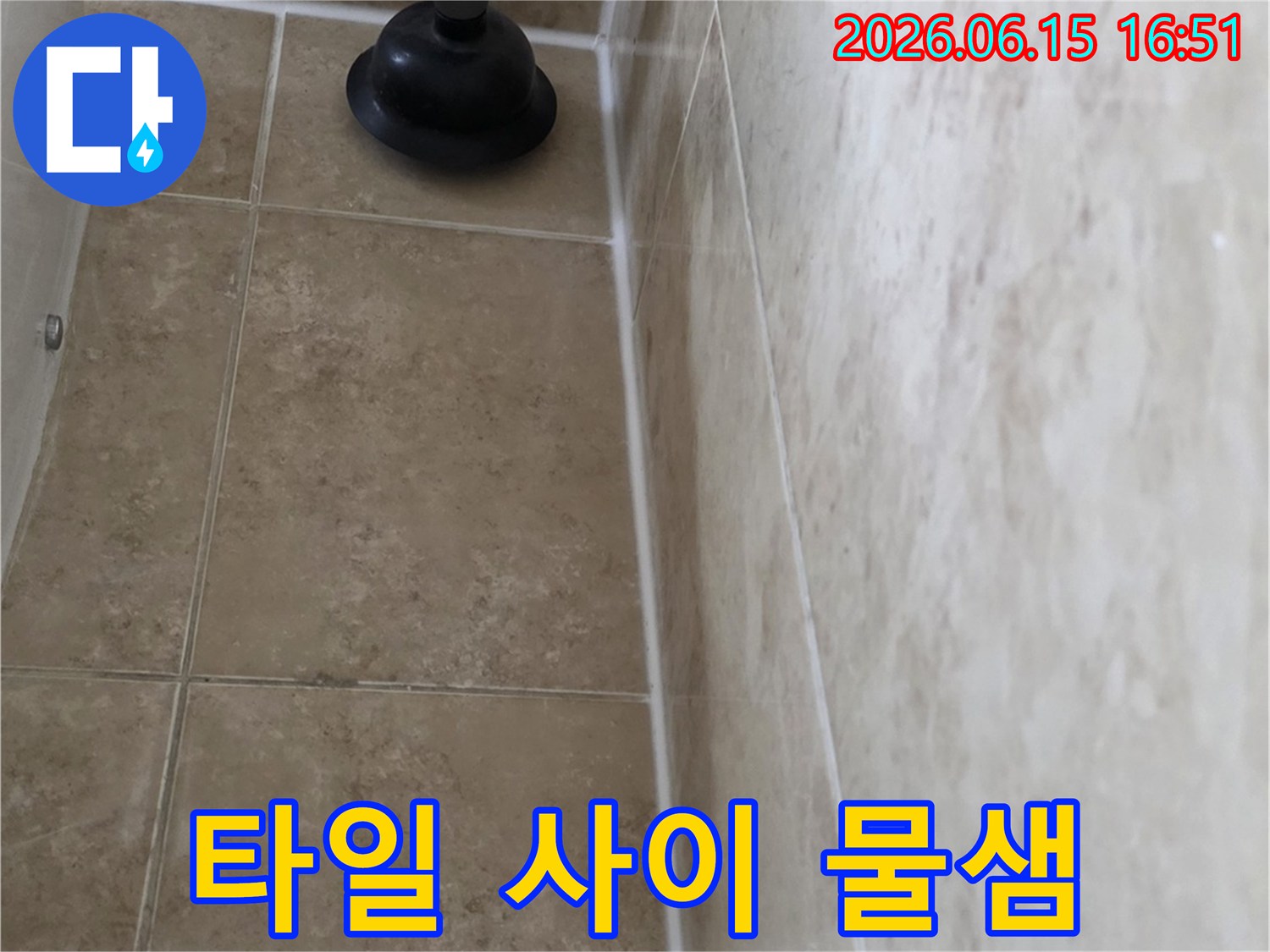 주택 화장실 타일 사이로 물이 스며드는 것을 보여주는 현장 사진-누수 전문가의 면밀한 조사가 진행되었습니다