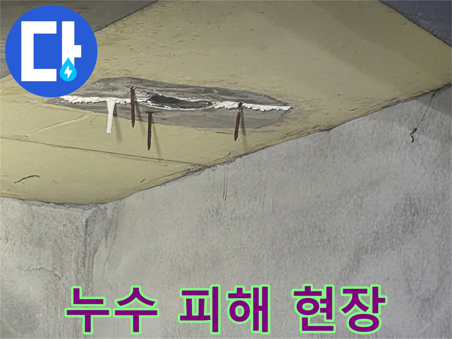 천장에서 물이 떨어지고-벽면이 젖는 현상으로-심각한 누수 피해가 확인되는-현장 사진입니다
