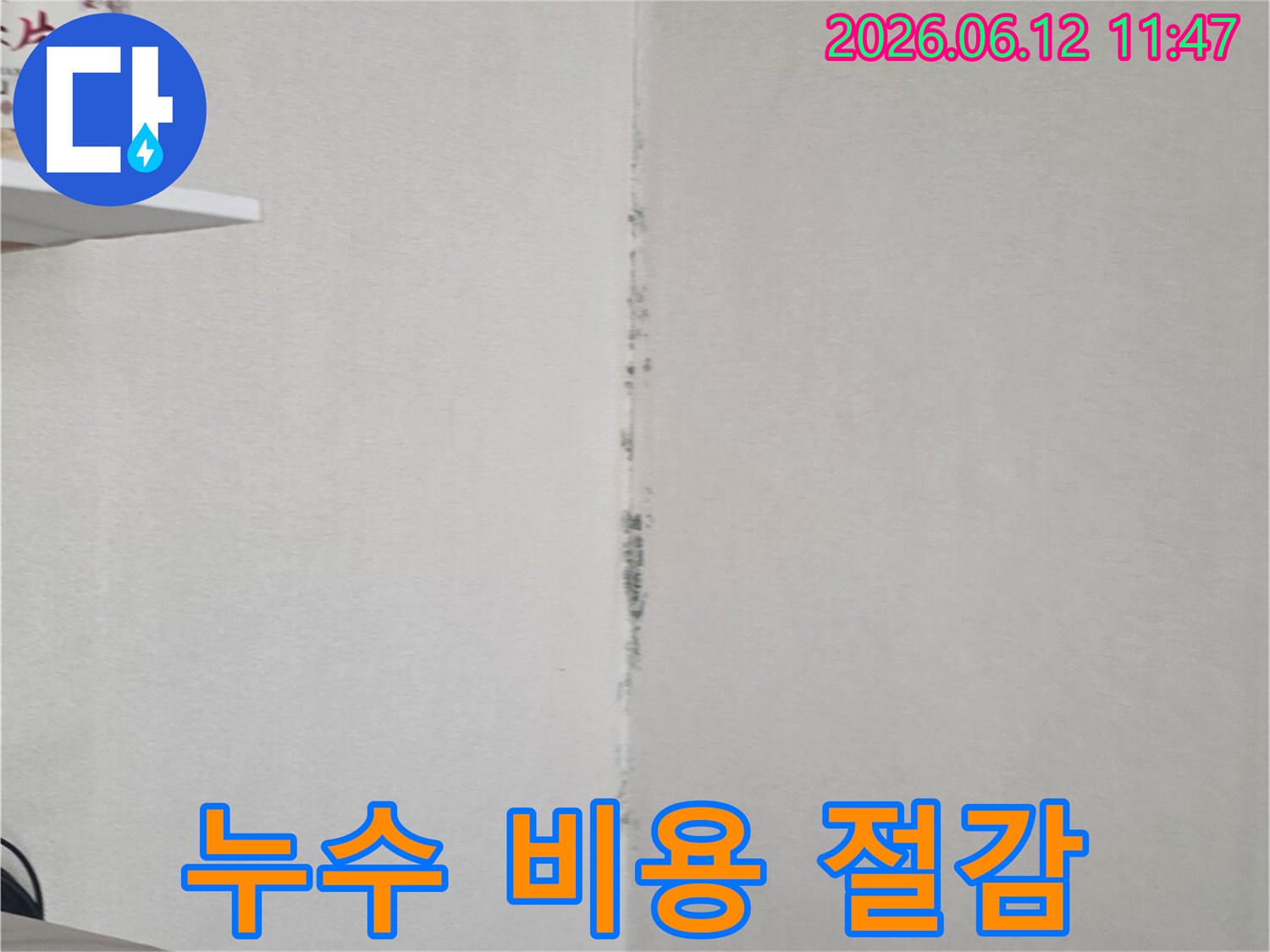 천장 모서리에 검은 곰팡이가 번져 있어-초기 진단으로 누수탐지 비용을 절감할 수 있음을 시사합니다.