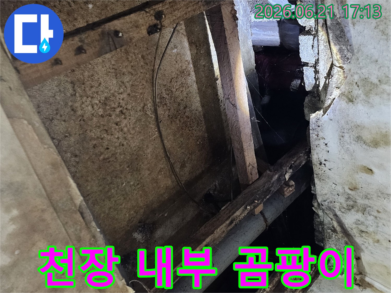 누수로-인해-천장-내부에-발생한-심각한-곰팡이와-습기-현장-사진