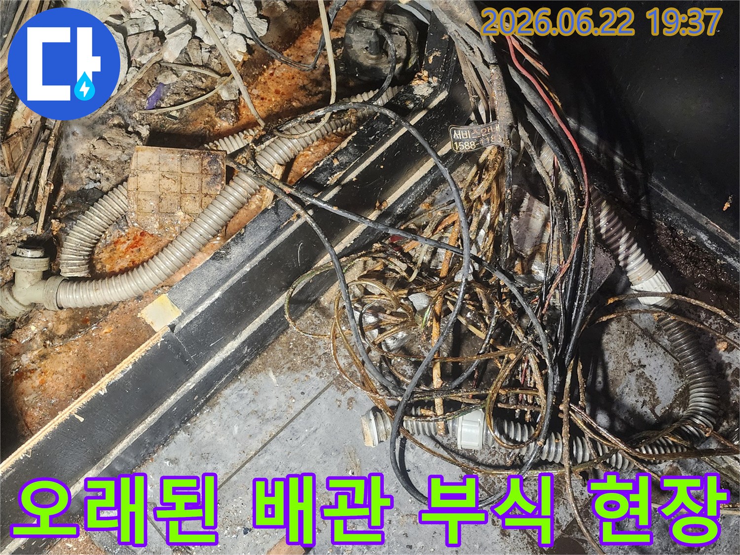 누수-엔지니어가-오래된-배관과-전선이-뒤섞인-현장에서-부식-상태를-면밀히-살펴보고-있습니다