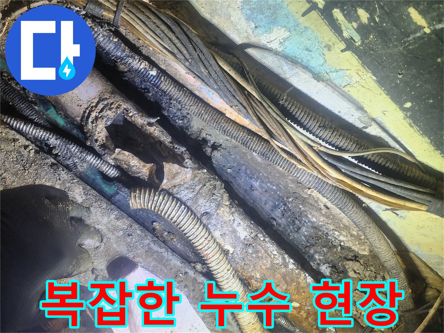 복잡하게-얽힌-전선과-심하게-손상된-배관이-보이는-누수-현장