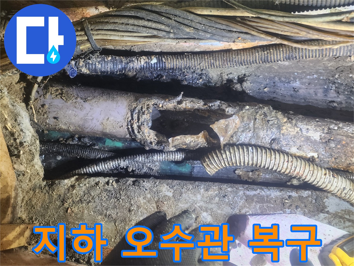 지하에-매설된-오수관이-파손되어-누수가-발생한-현장을-전문가가-정밀하게-점검하며-복구-공사를-준비하는-모습