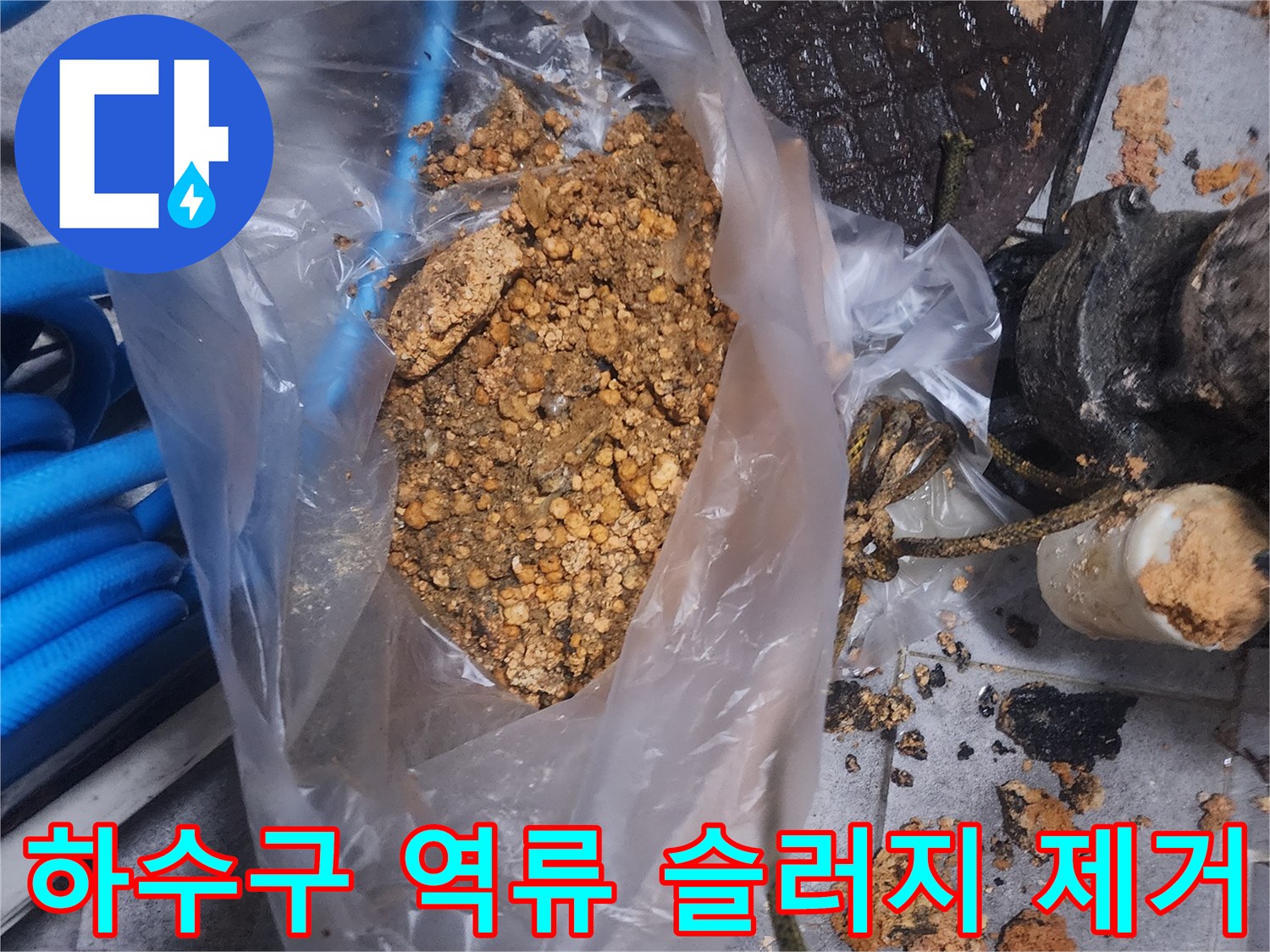 하수구에서 제거된-끈적한 기름 슬러지와-이물질이 투명 봉투에 담겨있는 모습