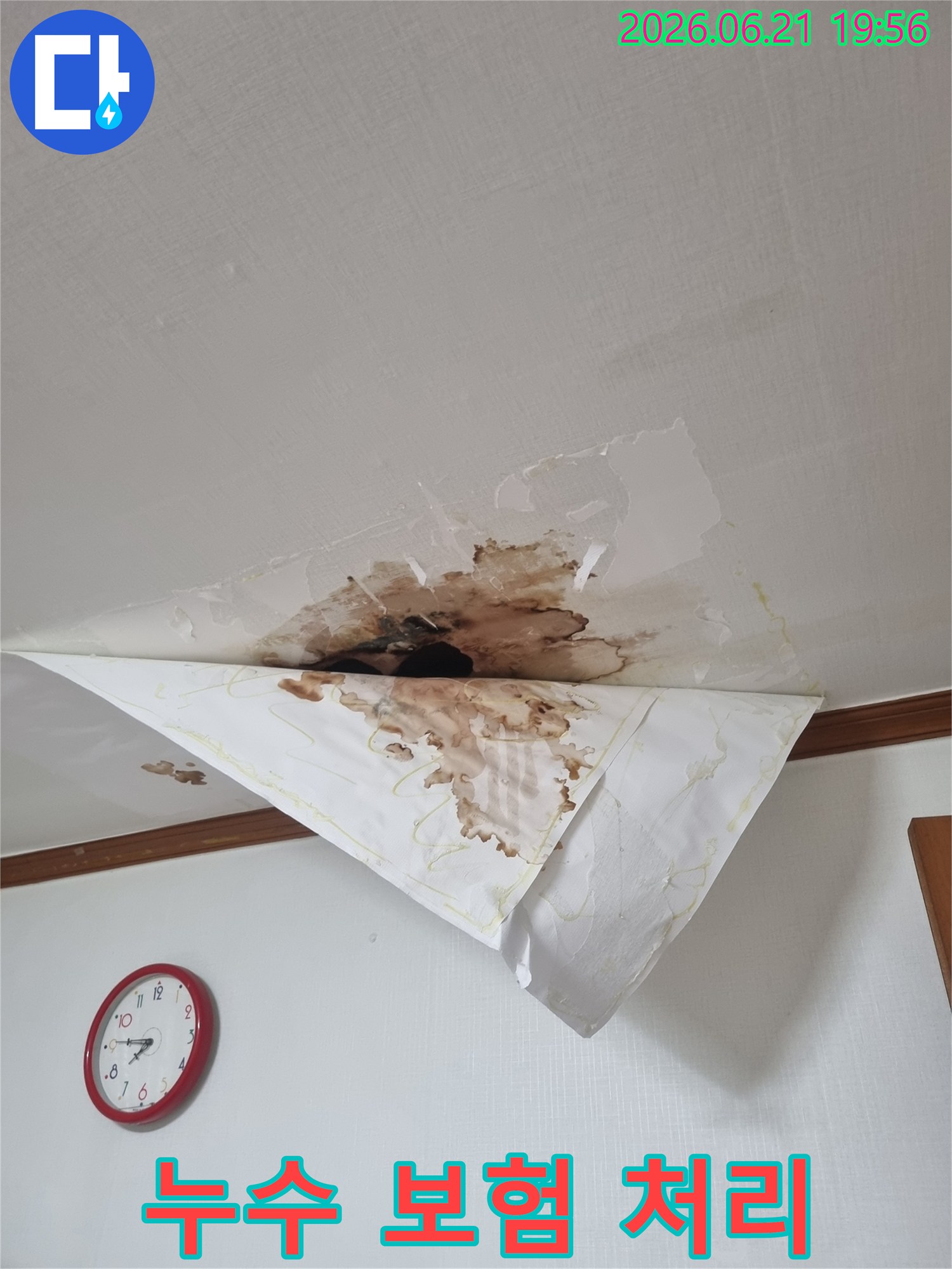천장에서 물이 새어 벽지가 젖고 얼룩진 모습-누수 보험 처리 상담 및 지원이 가능한 상황입니다