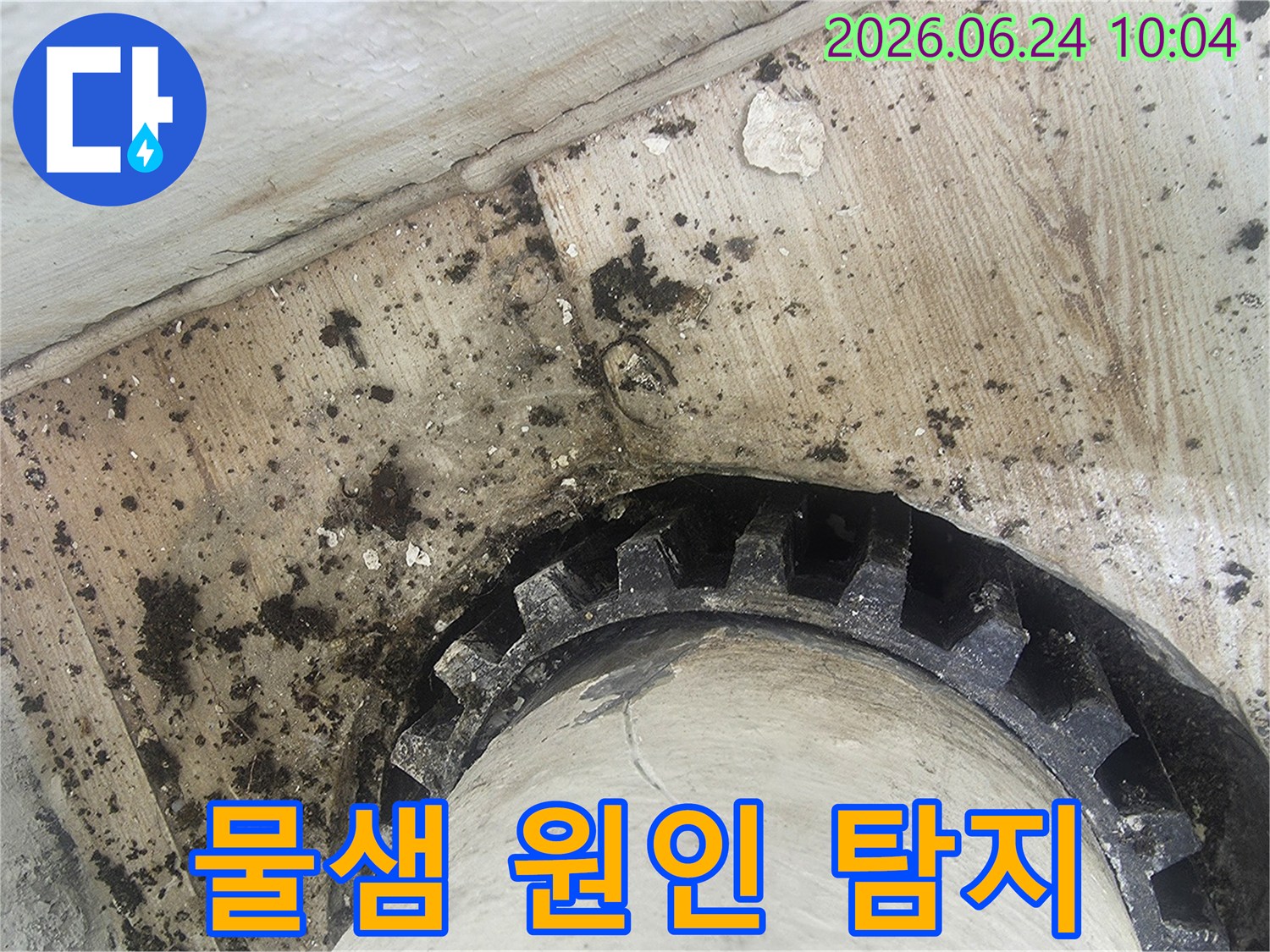 오래된 배관 주변에-물이 새어-검은 곰팡이와-물때가 심하게-생긴 모습을-보여주는 누수 현장
