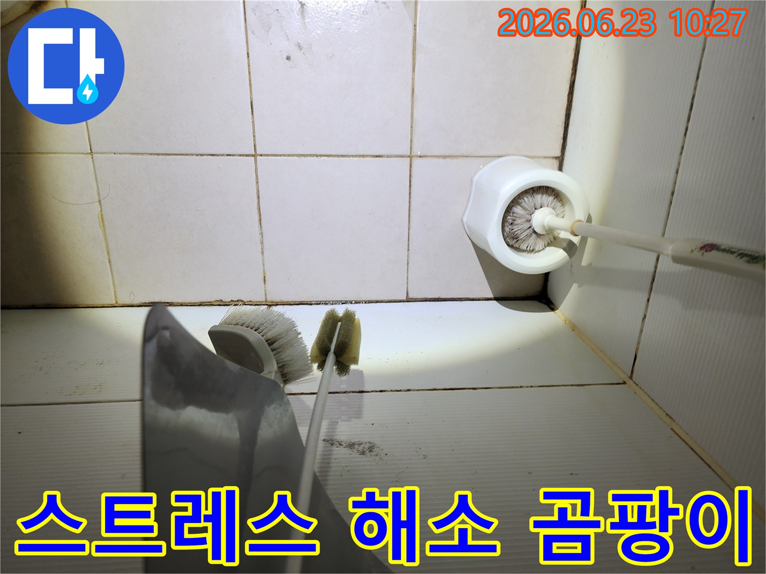 이 이미지는-욕실 바닥 타일의-줄눈에 생긴-검은 곰팡이와-오염된 변기 솔-주변을-보여주며-곰팡이로 인한-스트레스 해소의-필요성을-시사합니다.